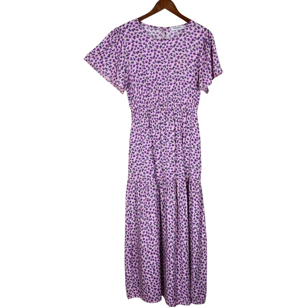 Manydress Womens Floral Maxi Dress Medium Pink Purple Tiered Boho Cottagecore